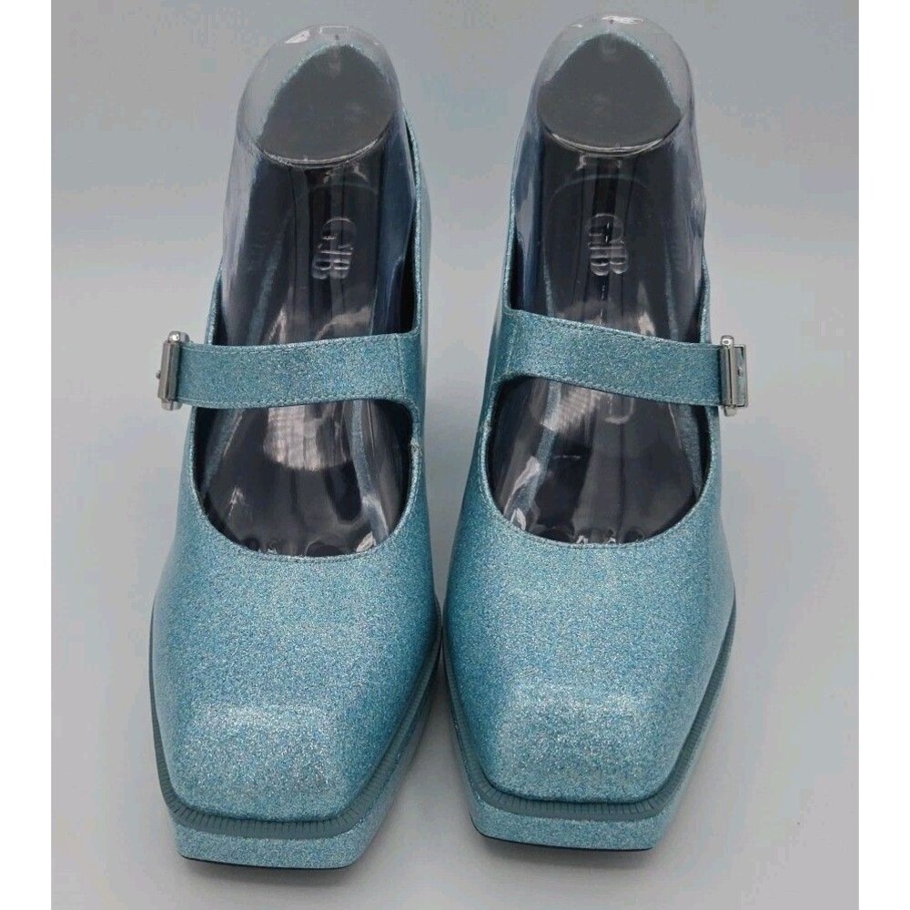 GB 2 Night Green Glitter Mary Jane Platform Pumps Size 9 Block Heel Chunky EUC - Picture 3 of 8